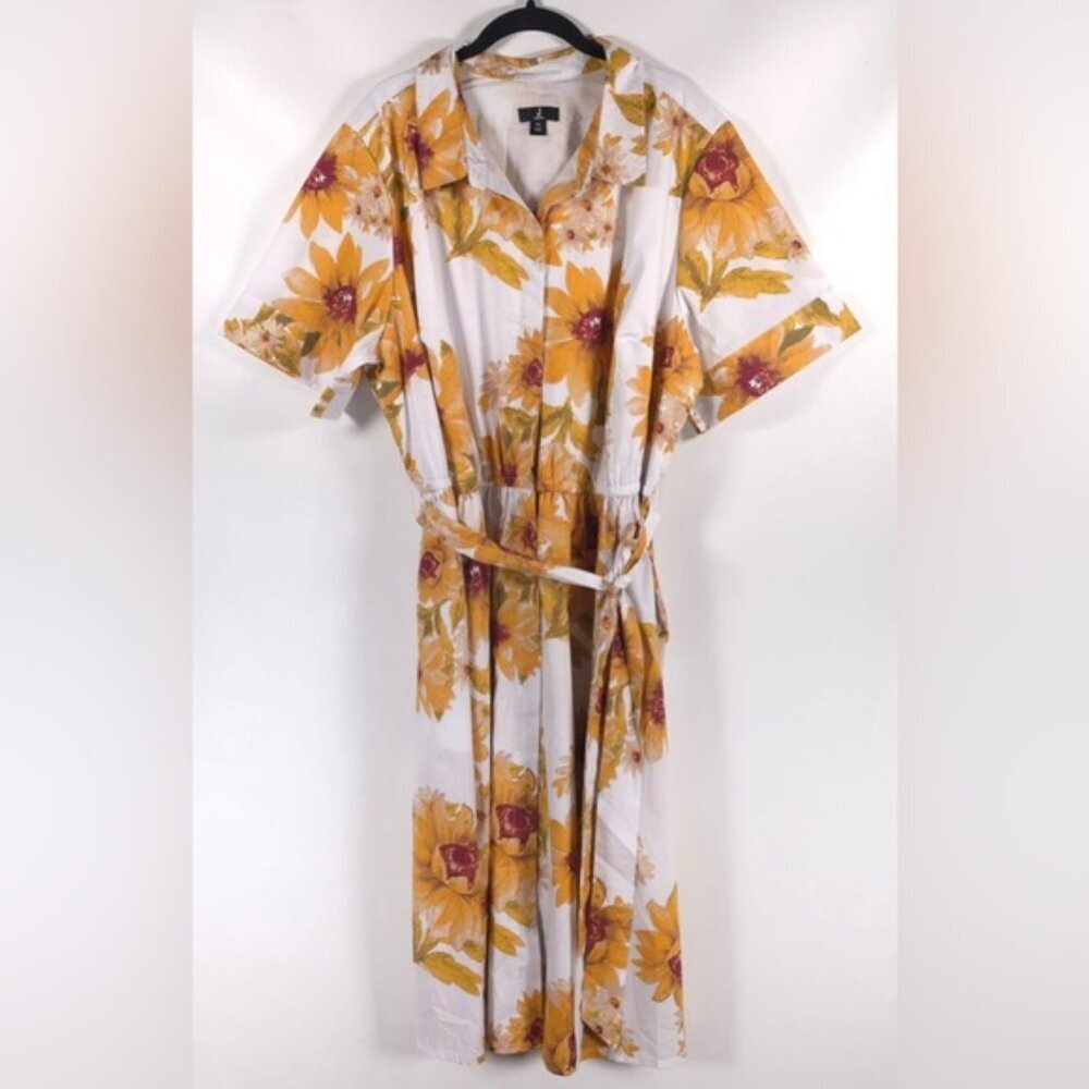 J JASON WU Button Down Floral Sunflower Belt A-line Midi Dress Size 3X